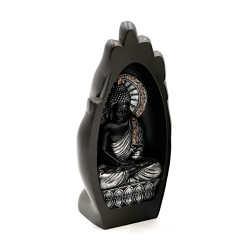 Decorative Thai Buddha Figurine - Silver & Black Hand Shaped Carved Lotus