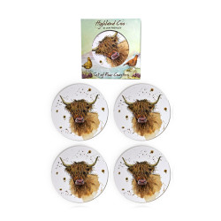 Set of 4 Cork Novelty Coasters - Jan Pashley Highland Coo Cow