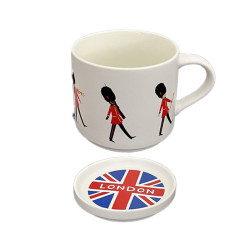 Porcelain Mug & Coaster Lid Set - London Souvenir London Guardsman