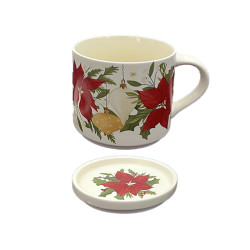 Porcelain Mug & Coaster Lid Set - Christmas Botanicals